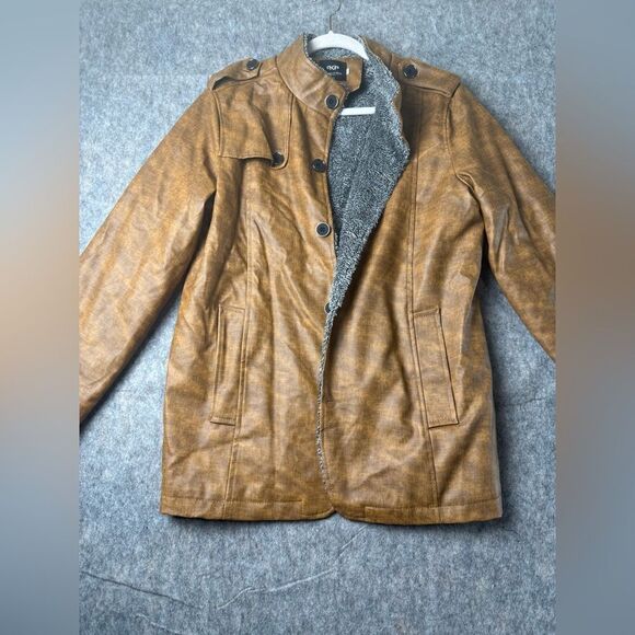 KP Fashion Man Leather Jacket Men XL Brown Sherpa Lined Long Sleeve Button Front - Picture 1 of 10